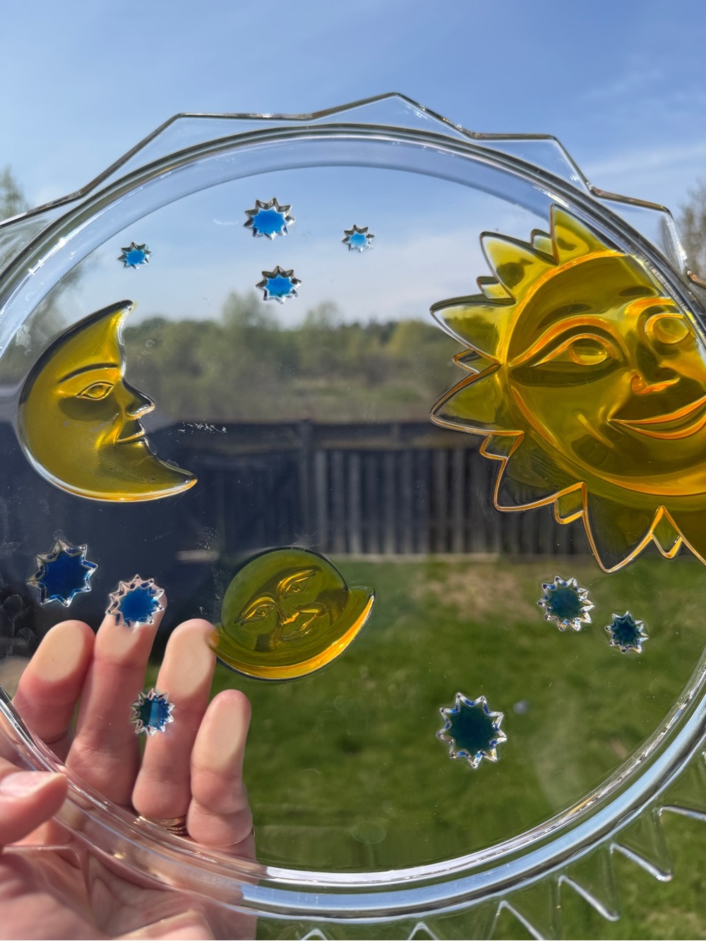 Vintage Celestial Sun Moon Glass Tray 12” Amber Blue Stars Decorative Plate - Picture 13 of 16